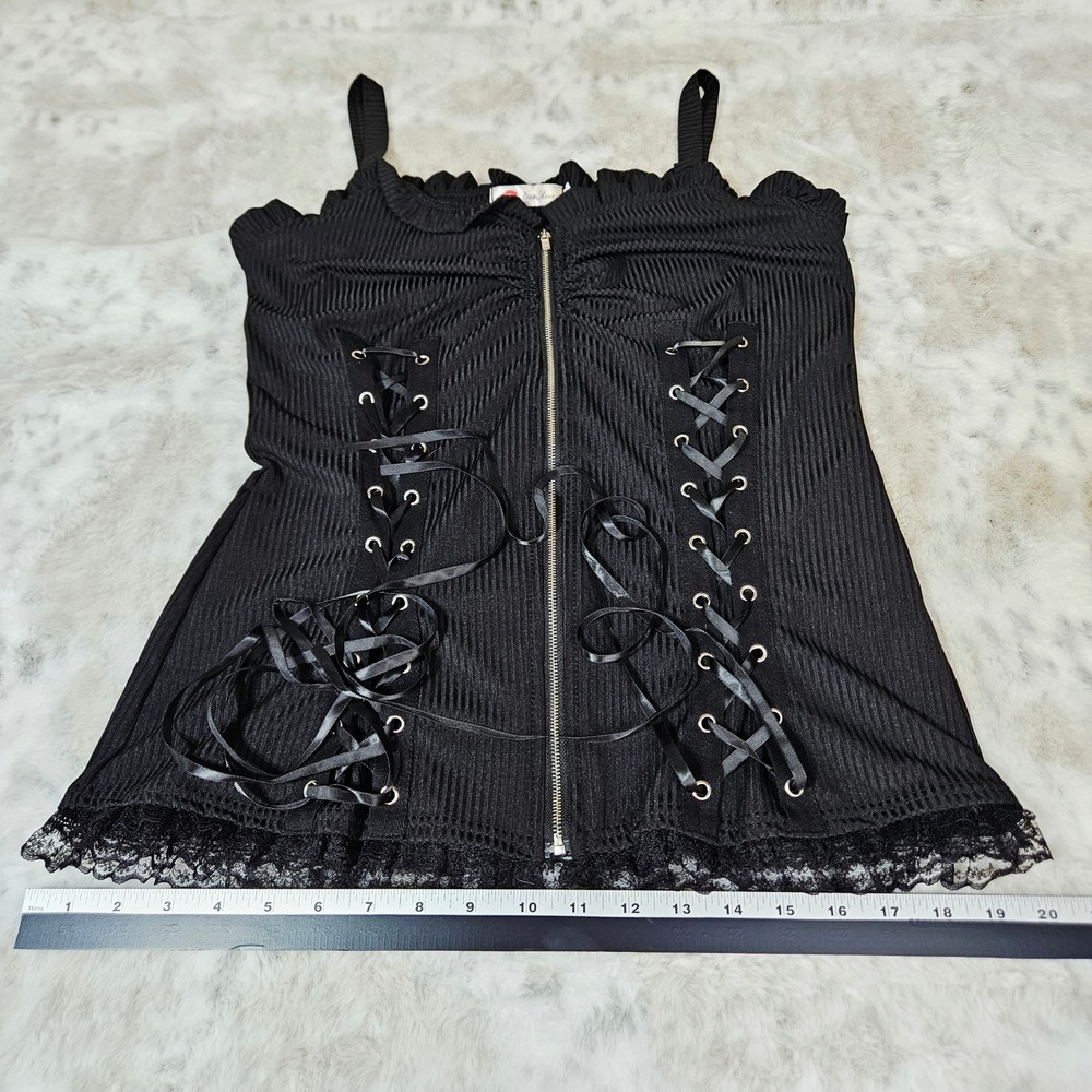 Whimsigoth Black Lace Up Corset Zipper Ribbed Camisole XL Romance Grunge Emo Top - Picture 8 of 9